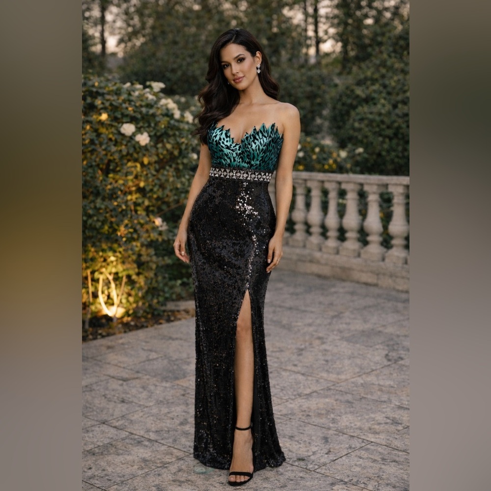 Terani Couture Sequin Beaded Strapless Backless Prom Maxi Dress